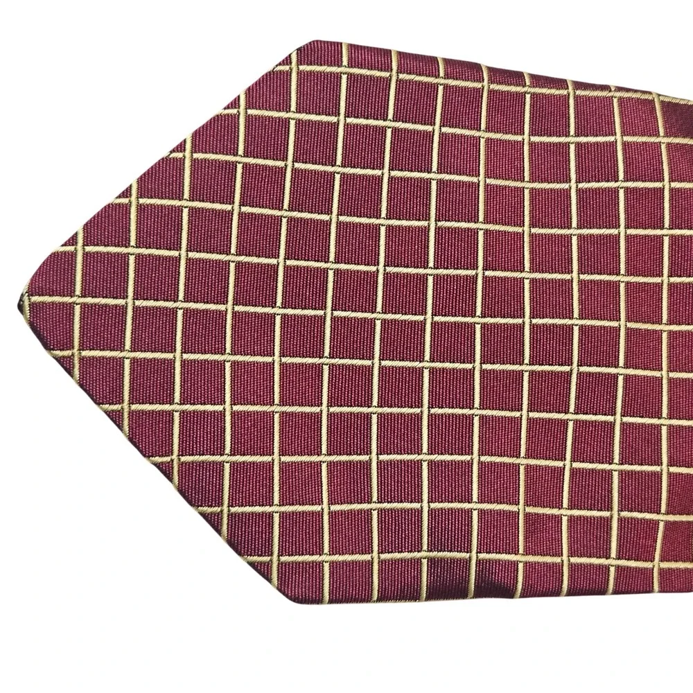 Brooks Brothers Necktie Mens Burgundy Red Gold Grid‎ Silk Makers USA 3.5